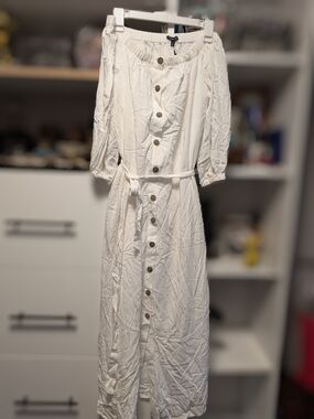 Women's White Button-Front Midi Dress with Belt